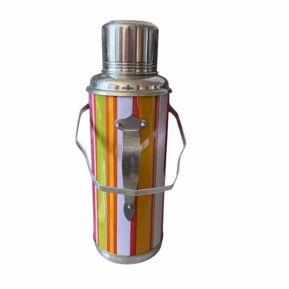 Vintage Mid-Century Striped Vacuum Flask Thermos French Style Cork Stopper 12 7/